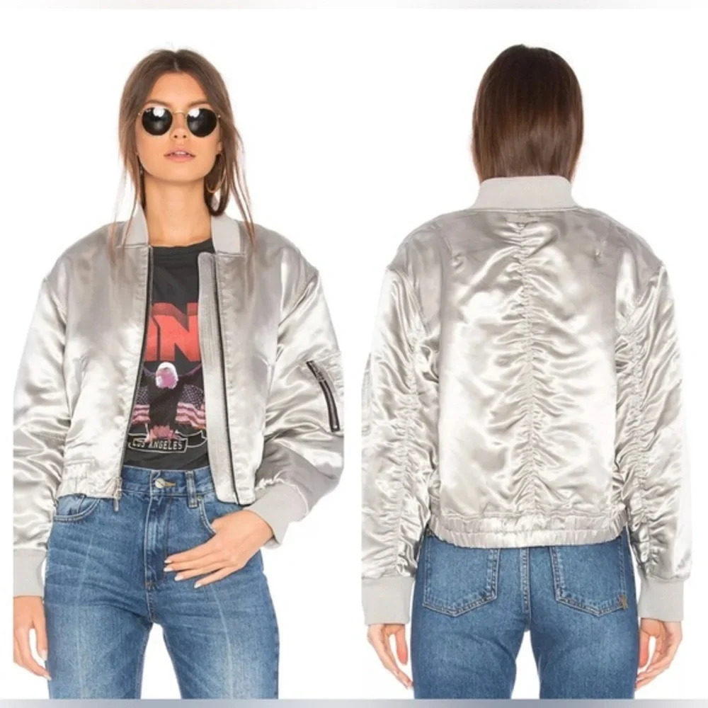 $695 Elizabeth & James Silver Royan Bomber Jacket Size Large L